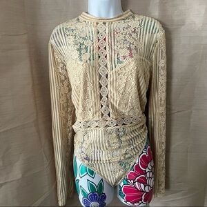 Forever 21 Nude Lace Long Sleeve Bodysuit